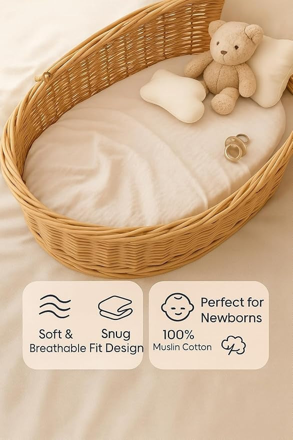 Muslin Bassinet Sheets Set of 2 Large Size 33x17, Bassinet Sheets, Soft Breathable Fitted Bassinet Sheets for Bedside Sleeper, Gentle on Baby Skin, Stays Tight & Won’t Bunch Up