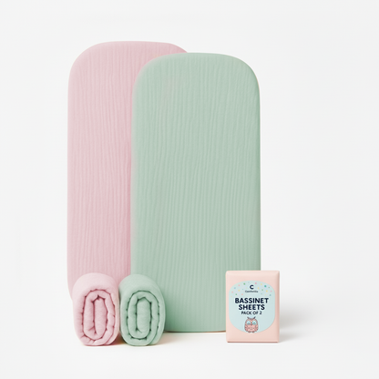 Muslin Bassinet Sheets Set of 2 Large Size 33x17, Bassinet Sheets, Soft Breathable Fitted Bassinet Sheets for Bedside Sleeper, Gentle on Baby Skin, Stays Tight & Won’t Bunch Up