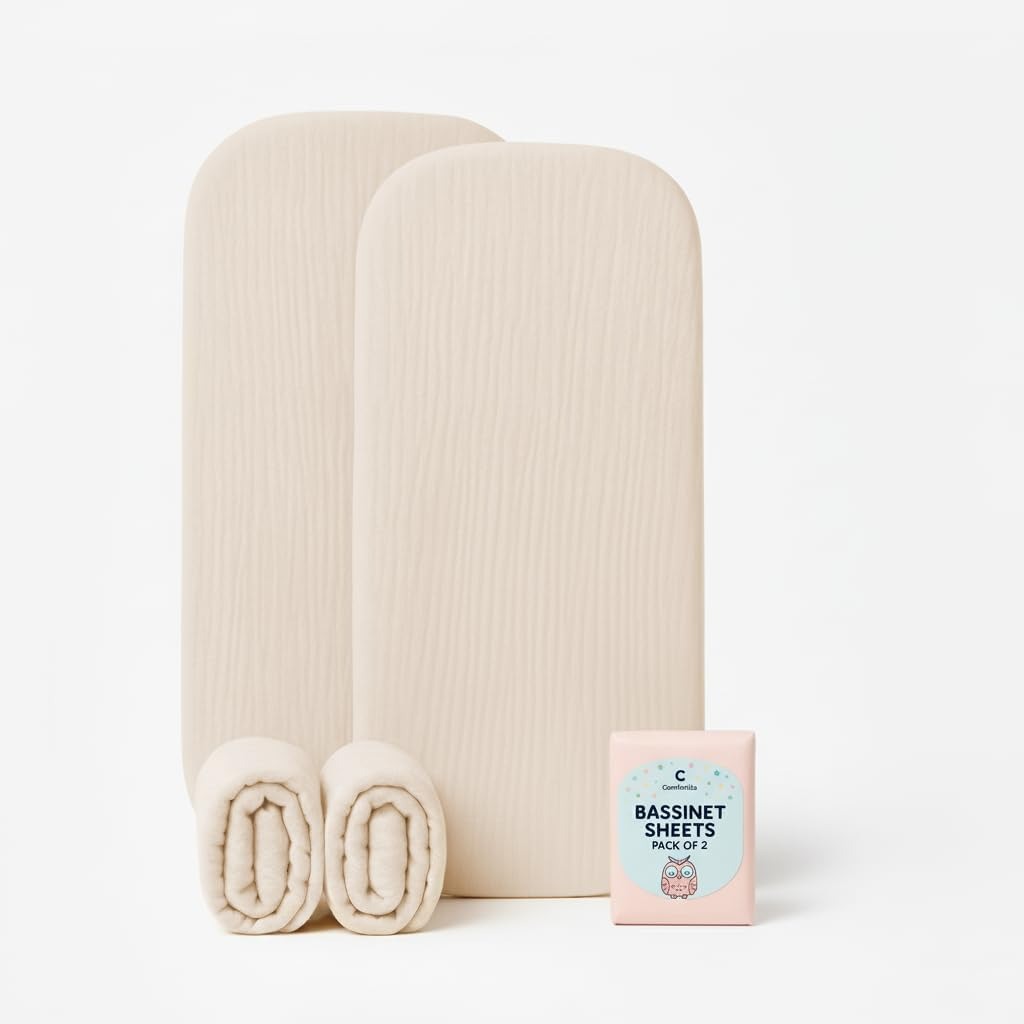 Muslin Bassinet Sheets Set of 2 Large Size 33x17, Bassinet Sheets, Soft Breathable Fitted Bassinet Sheets for Bedside Sleeper, Gentle on Baby Skin, Stays Tight & Won’t Bunch Up