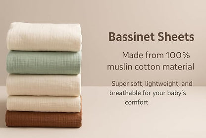 Muslin Bassinet Sheets Set of 2 Large Size 33x17, Bassinet Sheets, Soft Breathable Fitted Bassinet Sheets for Bedside Sleeper, Gentle on Baby Skin, Stays Tight & Won’t Bunch Up