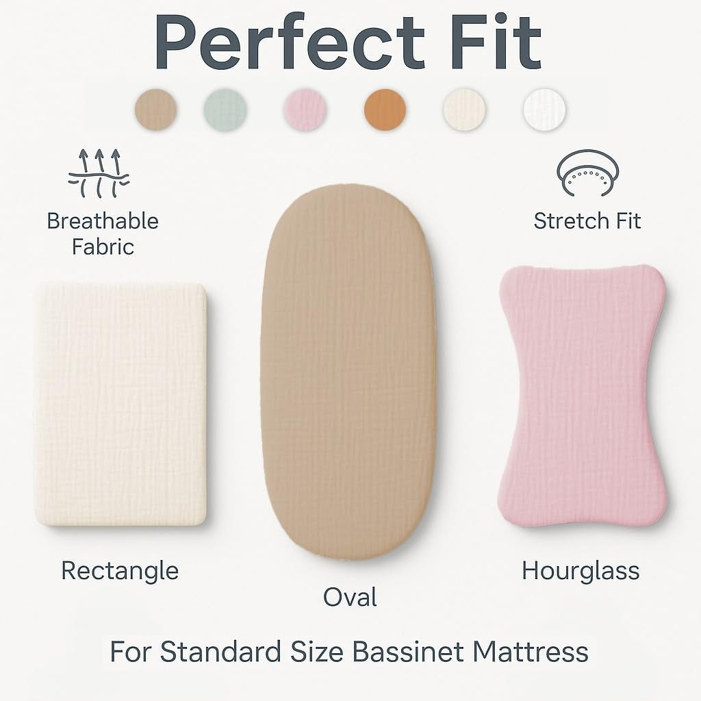 Muslin Bassinet Sheets Set of 2 Large Size 33x17, Bassinet Sheets, Soft Breathable Fitted Bassinet Sheets for Bedside Sleeper, Gentle on Baby Skin, Stays Tight & Won’t Bunch Up