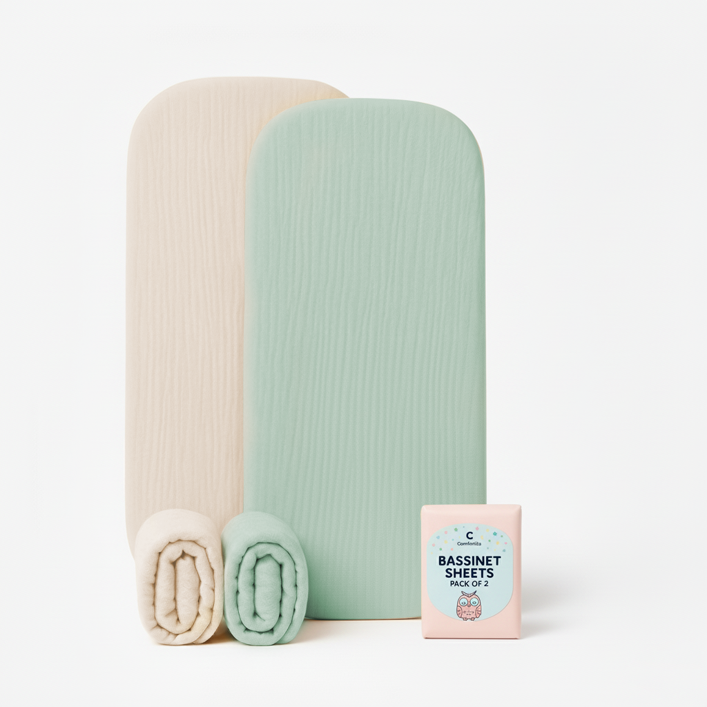 Muslin Bassinet Sheets Set of 2 Large Size 33x17, Bassinet Sheets, Soft Breathable Fitted Bassinet Sheets for Bedside Sleeper, Gentle on Baby Skin, Stays Tight & Won’t Bunch Up