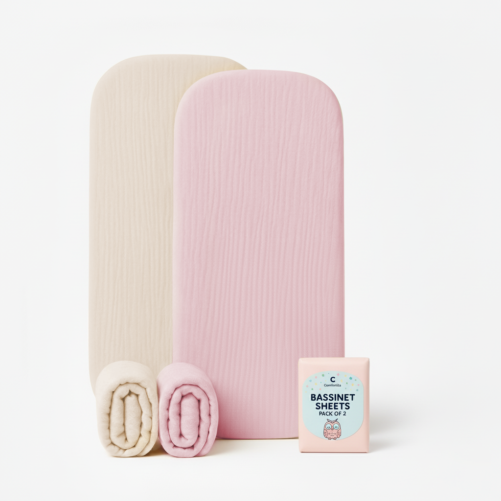 Muslin Bassinet Sheets Set of 2 Large Size 33x17, Bassinet Sheets, Soft Breathable Fitted Bassinet Sheets for Bedside Sleeper, Gentle on Baby Skin, Stays Tight & Won’t Bunch Up