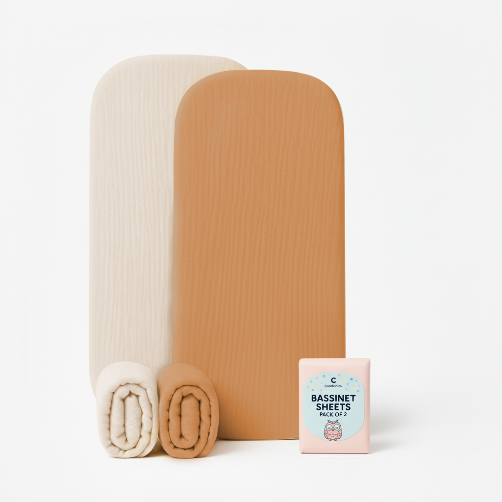 Muslin Bassinet Sheets Set of 2 Large Size 33x17, Bassinet Sheets, Soft Breathable Fitted Bassinet Sheets for Bedside Sleeper, Gentle on Baby Skin, Stays Tight & Won’t Bunch Up