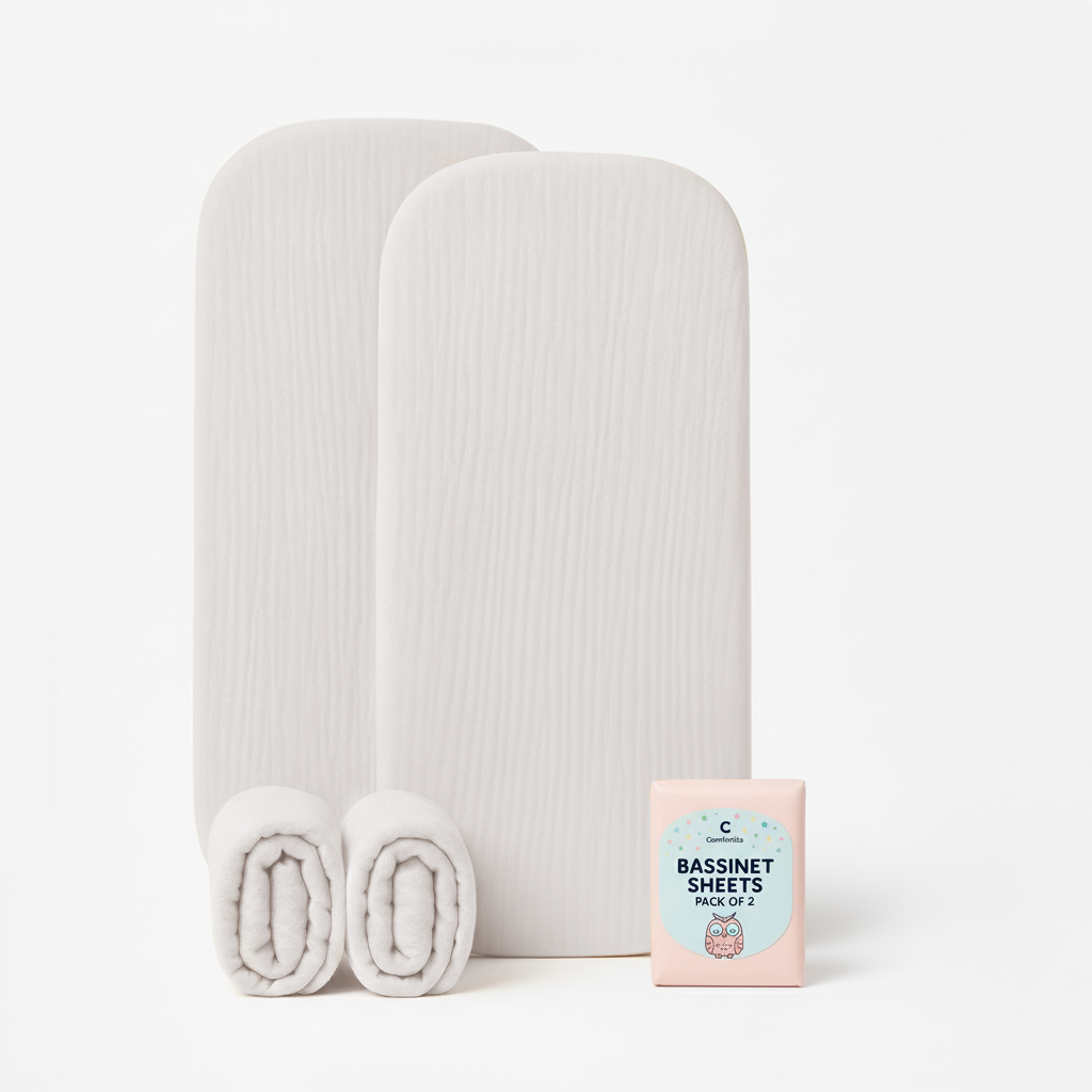 Muslin Bassinet Sheets Set of 2 Large Size 33x17, Bassinet Sheets, Soft Breathable Fitted Bassinet Sheets for Bedside Sleeper, Gentle on Baby Skin, Stays Tight & Won’t Bunch Up