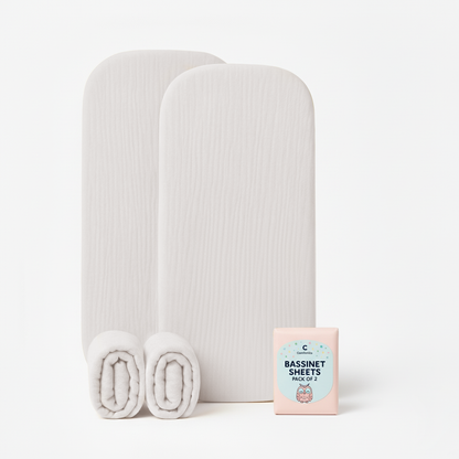 Muslin Bassinet Sheets Set of 2 Large Size 33x17, Bassinet Sheets, Soft Breathable Fitted Bassinet Sheets for Bedside Sleeper, Gentle on Baby Skin, Stays Tight & Won’t Bunch Up