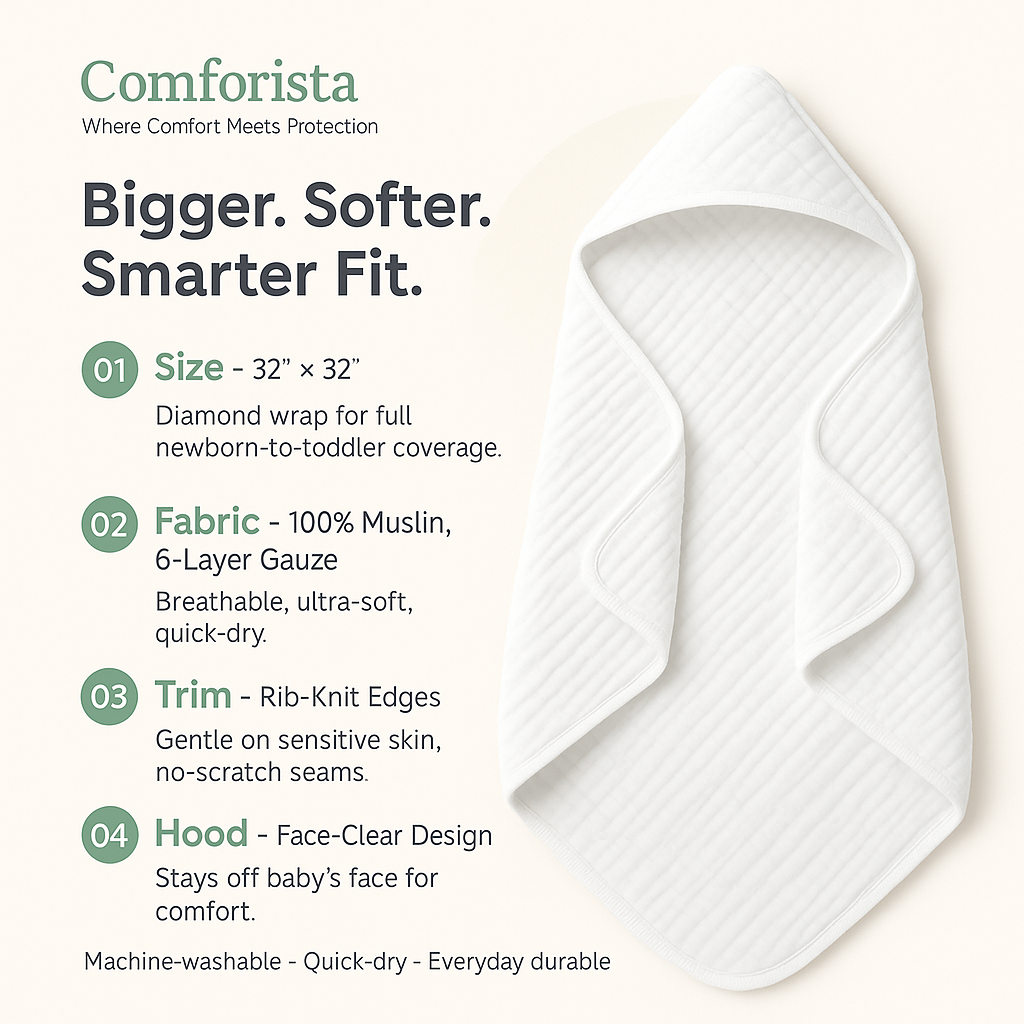 Comforista Muslin Hooded Baby Towels Set of 2  Pink Baby Bath Towel 32x32 Inches Ultra Soft, Absorbent, Quick Dry, Gentle on Newborn Skin, Perfect Baby Shower Gift, No Shrink, Fits Infants & Toddlers