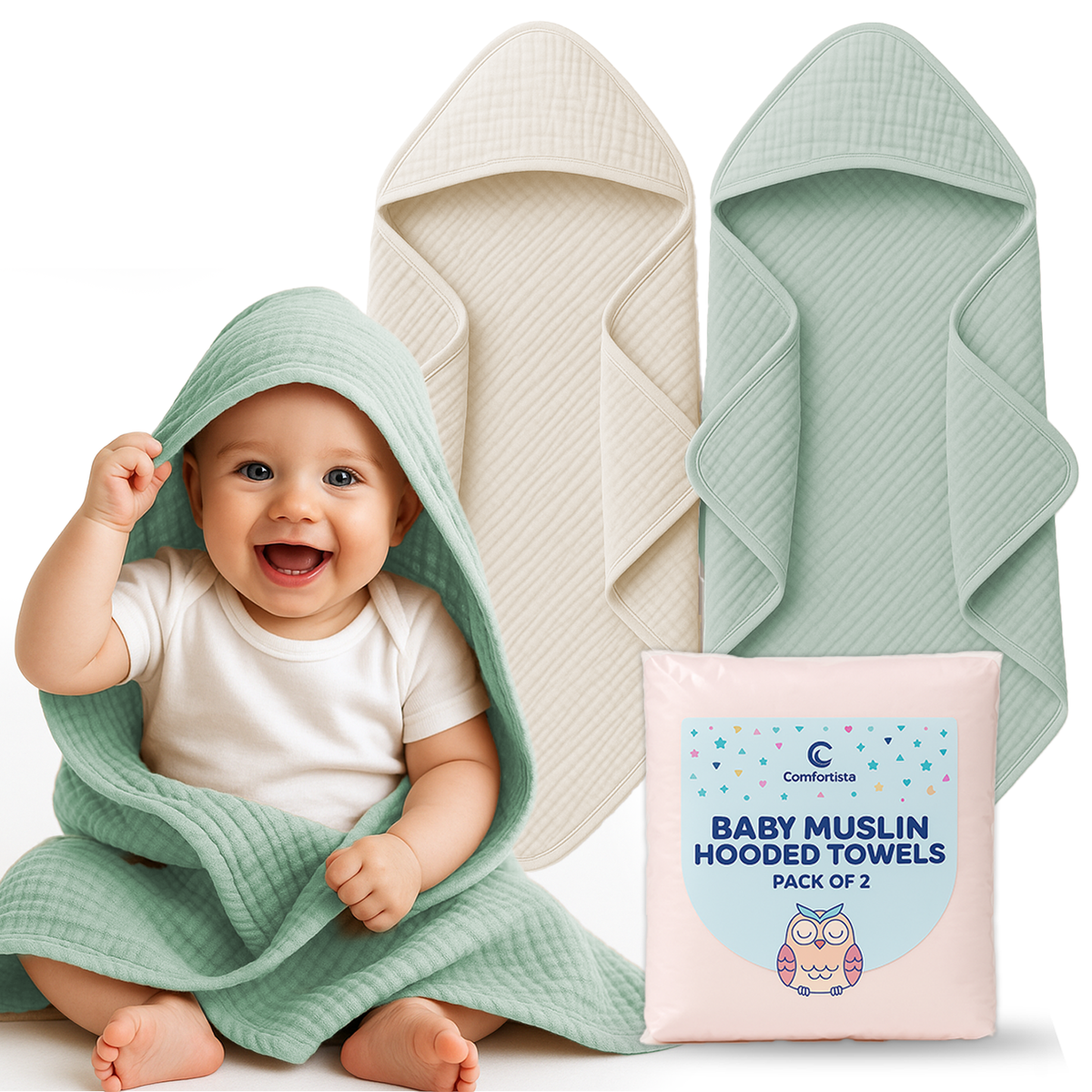 Comforista Muslin Hooded Baby Towels Set of 2