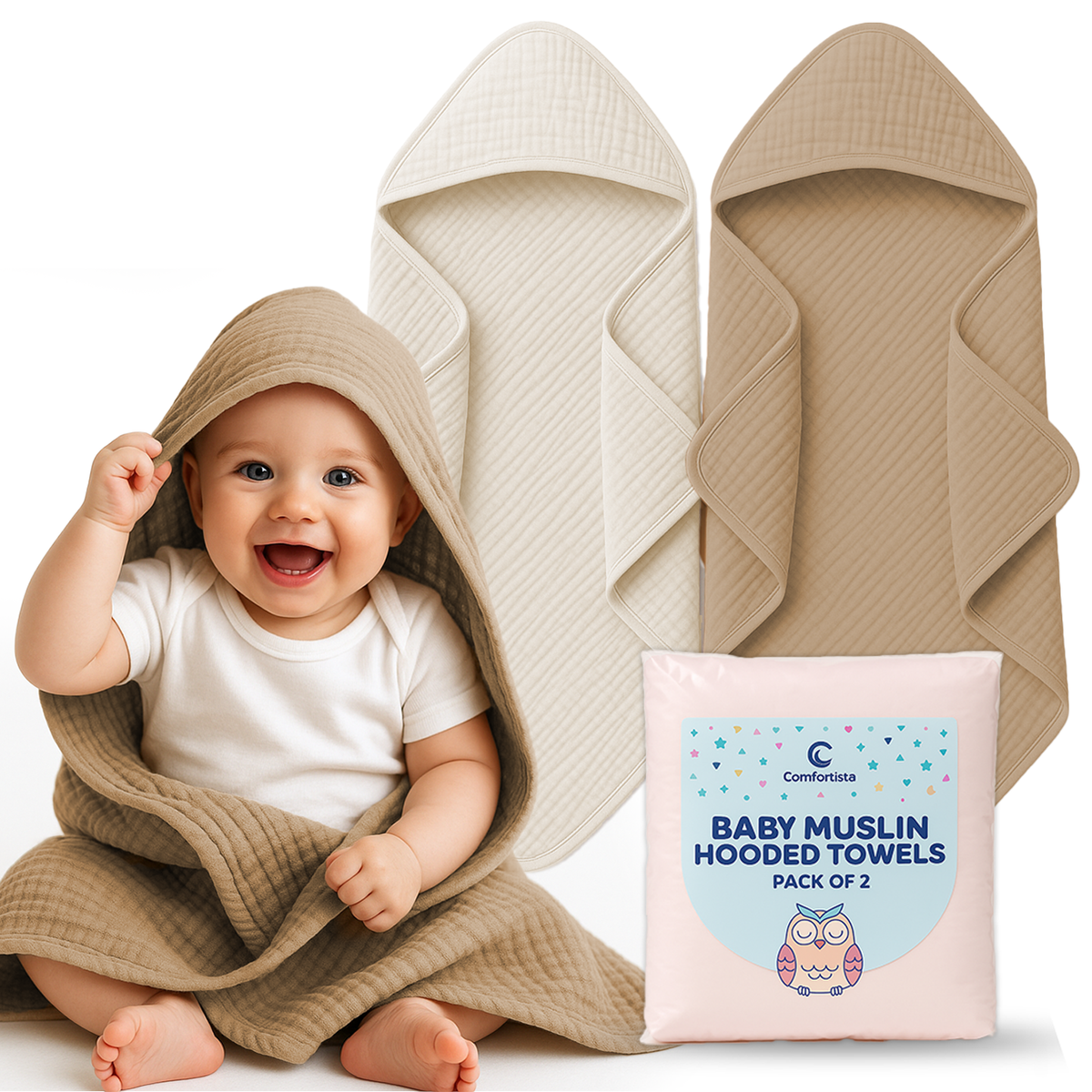 Comforista Muslin Hooded Baby Towels Set of 2