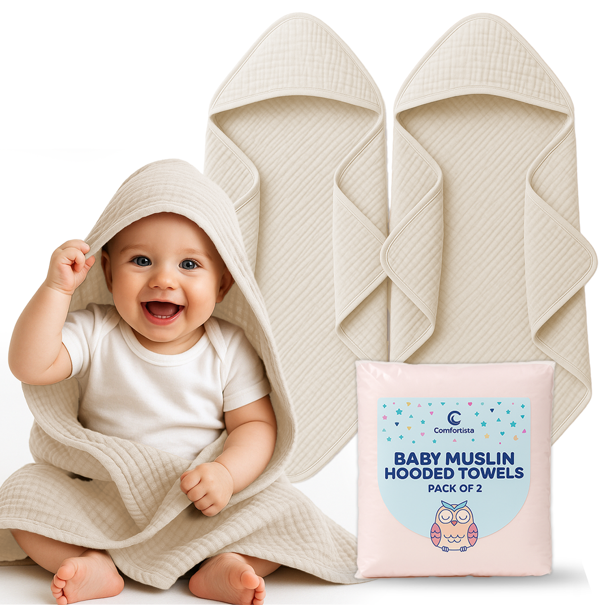 Comforista Muslin Hooded Baby Towels Set of 2