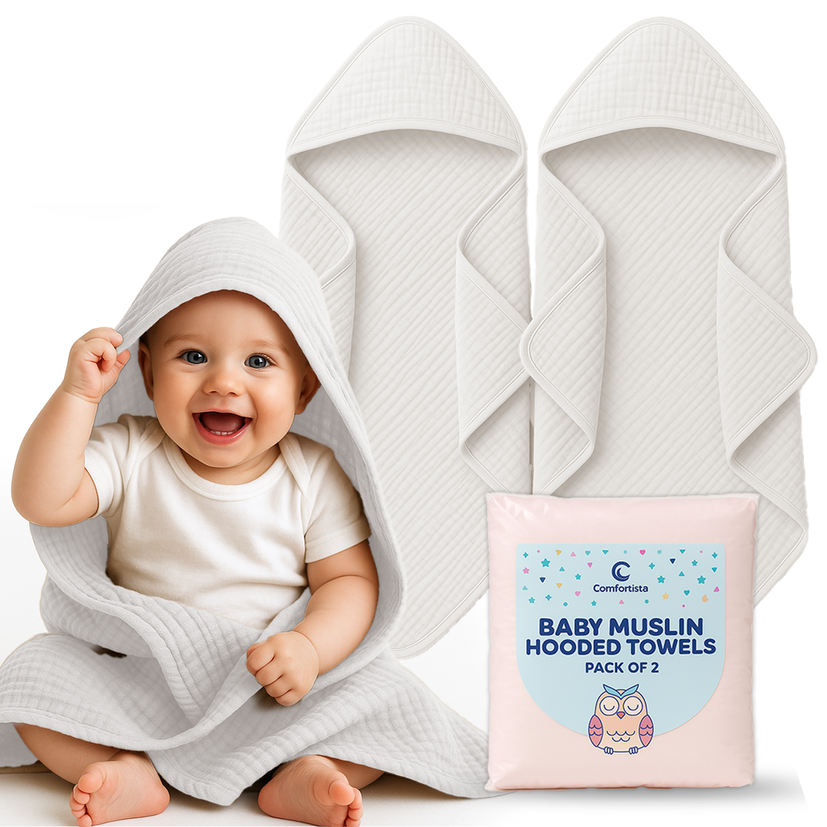 Comforista Muslin Hooded Baby Towels Set of 2
